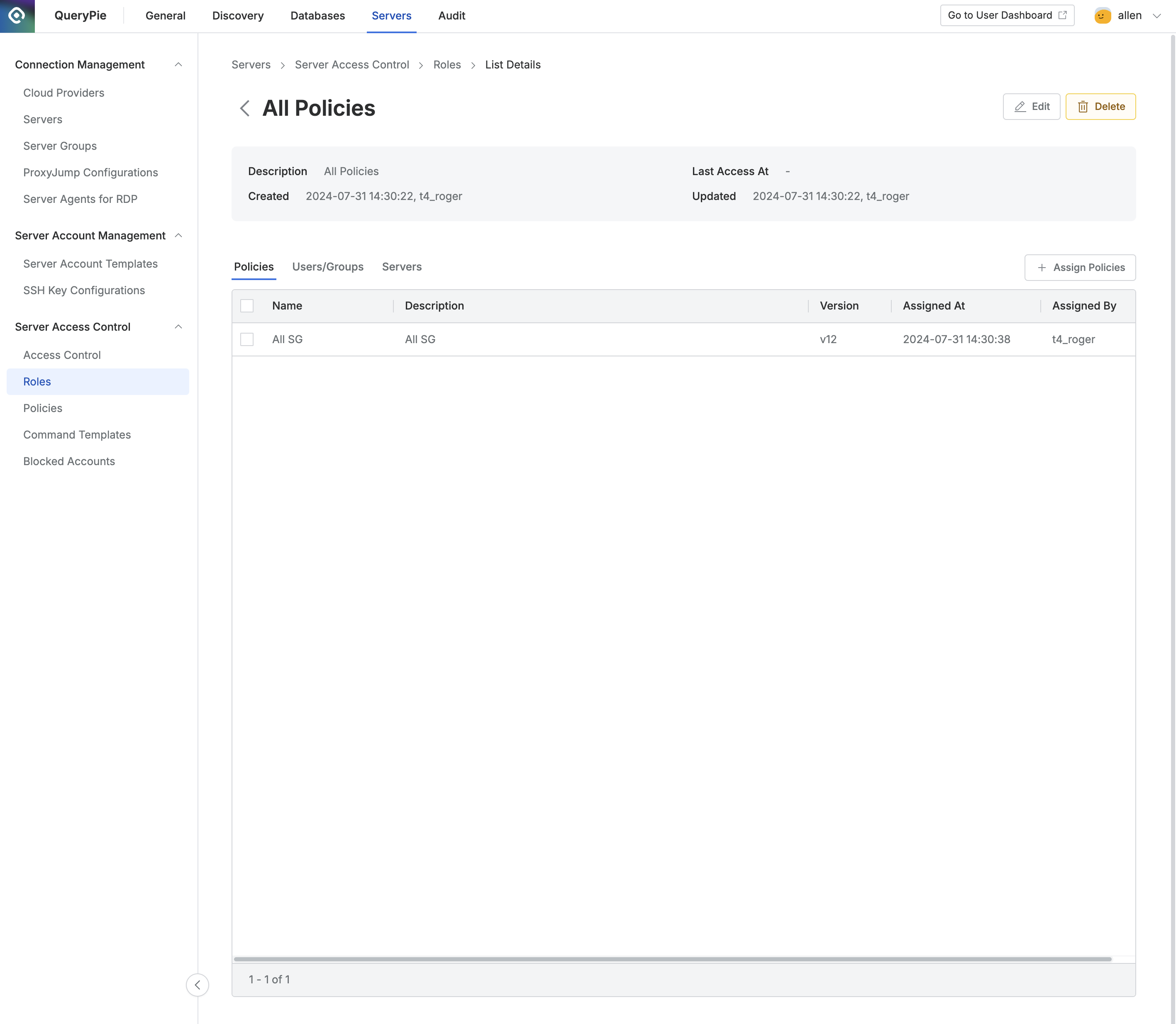 Administrator > Servers > Server Access Control > Roles > List Details