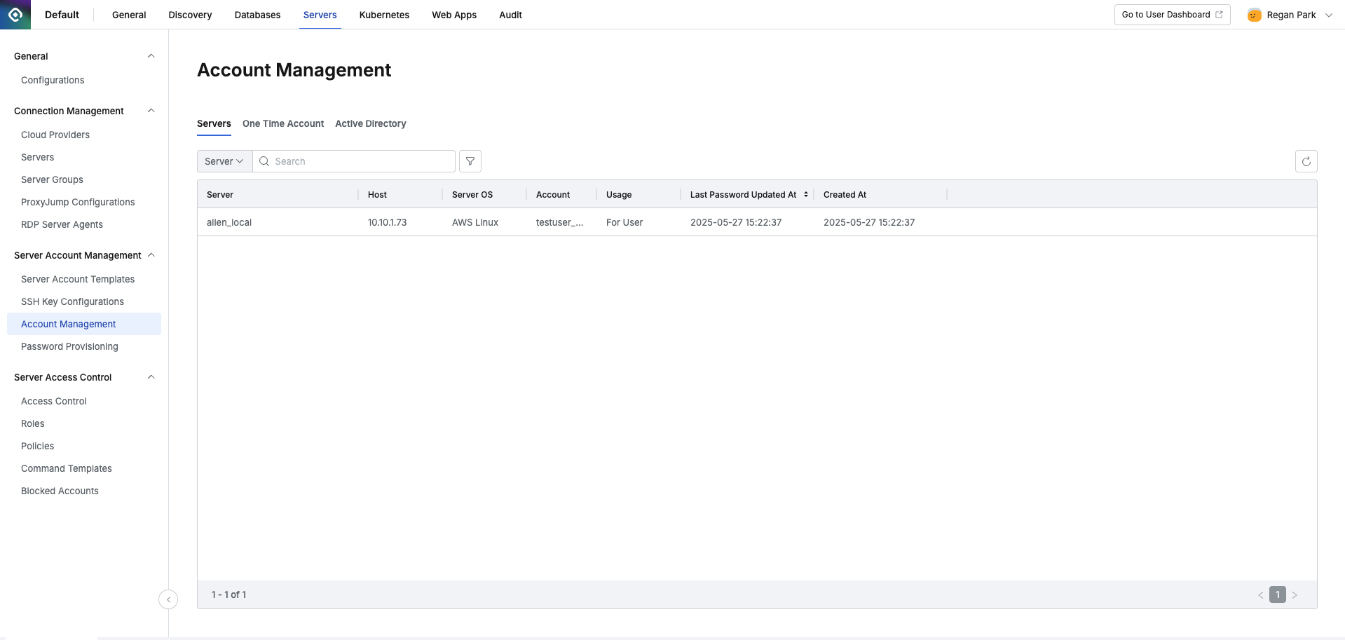 Administrator > Servers > Server Account Management > Account Management