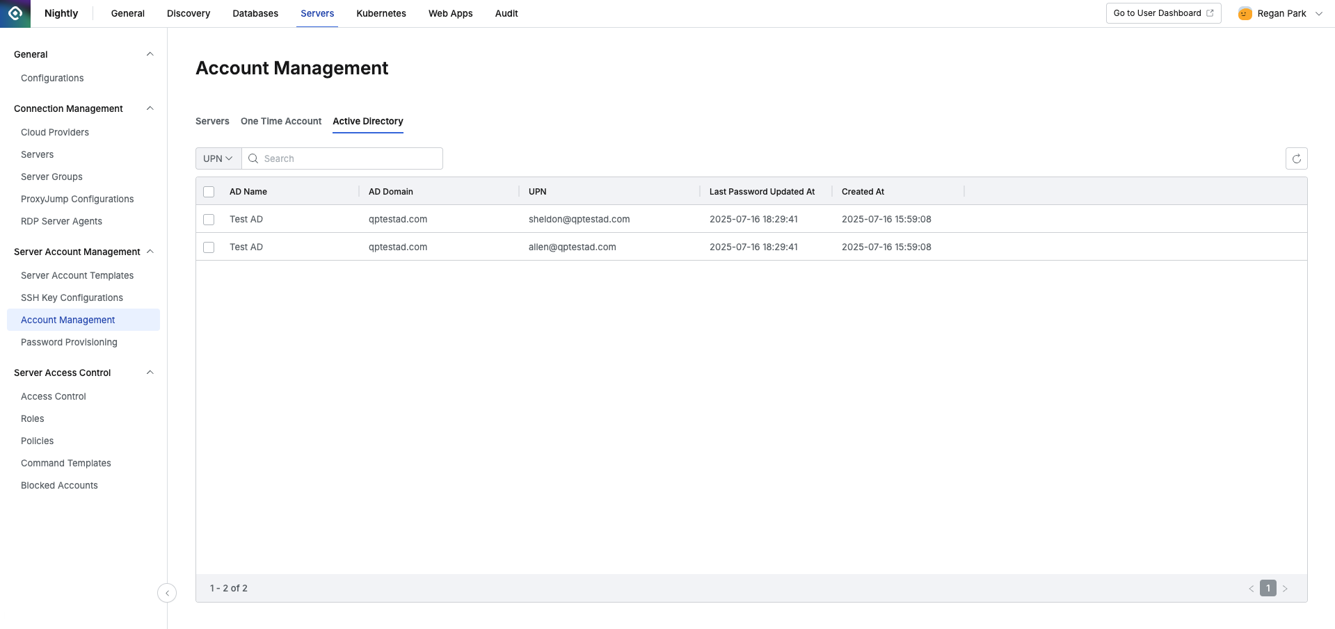Administrator > Servers > Server Account Management > Account Management > Active Directory tab