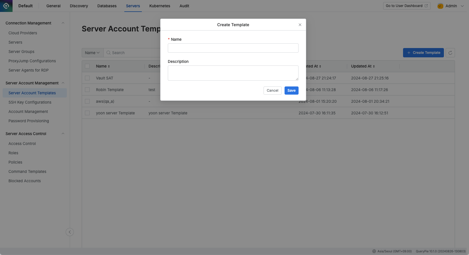 Administrator > Servers > Server Account Management > Server Account Templates > Create Template