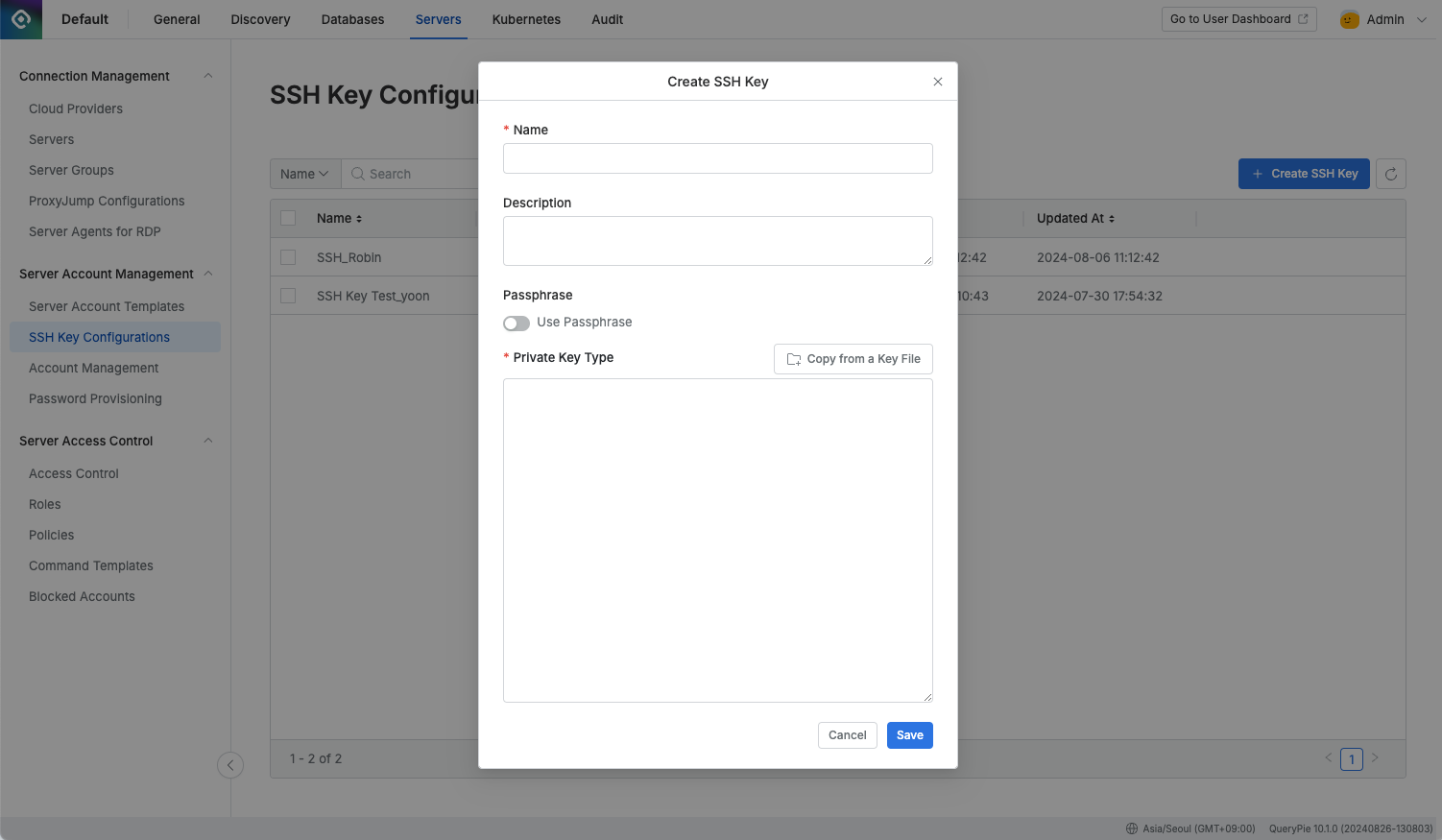 Administrator > Servers > Server Account Management > SSH Key Configurations > Create SSH Key