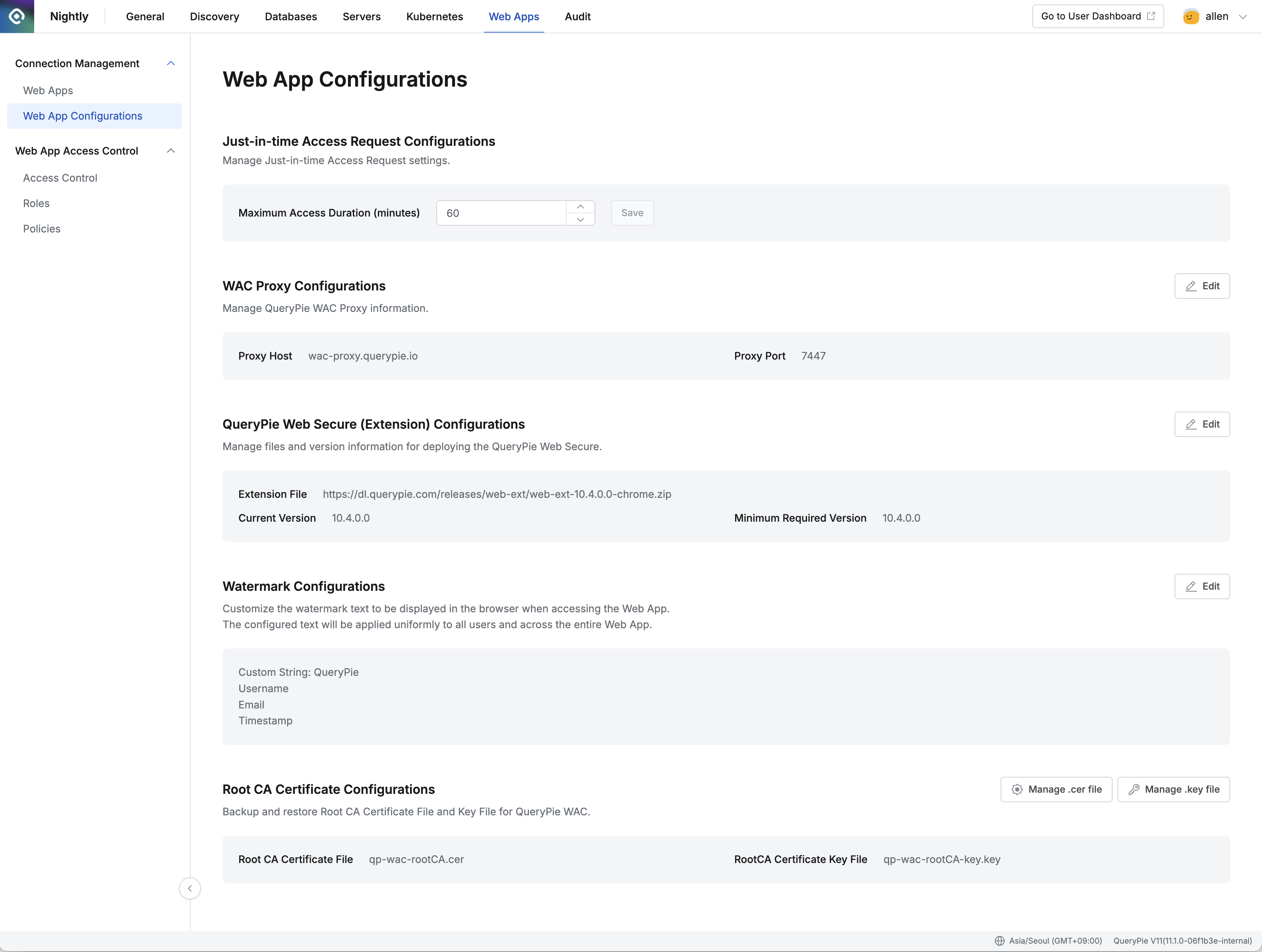 Administrator > Web Apps > Connection Management > Web App Configurations