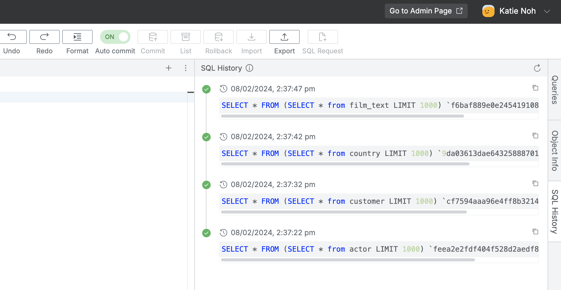 SQL Editor > SQL History Panel