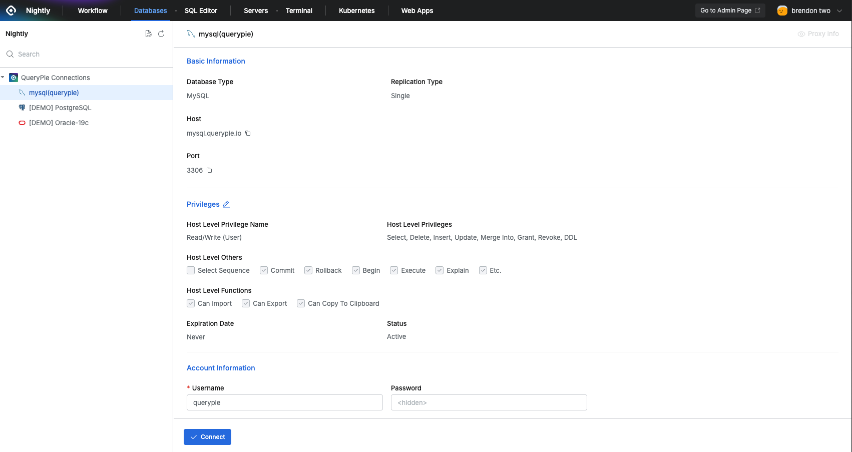 Connection selection and connection screen in User > Databases