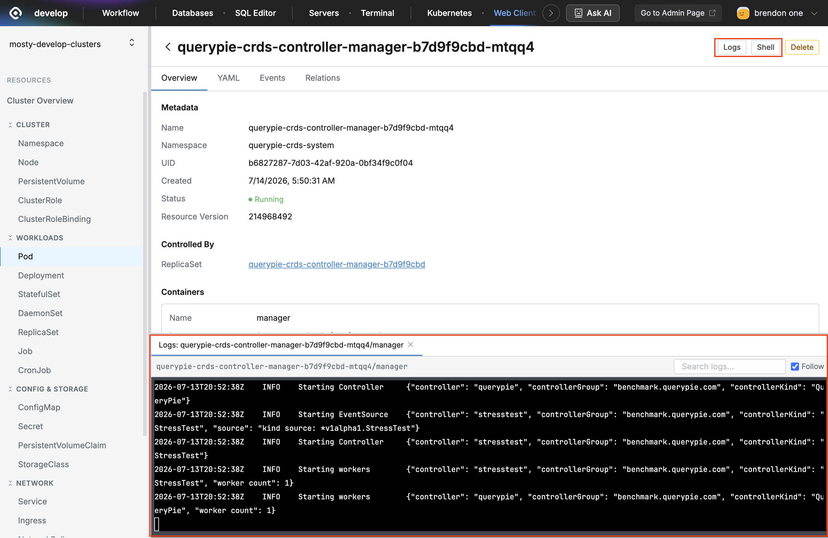 Bottom panel exposed as tabs when the `Logs` or `Shell` button is clicked