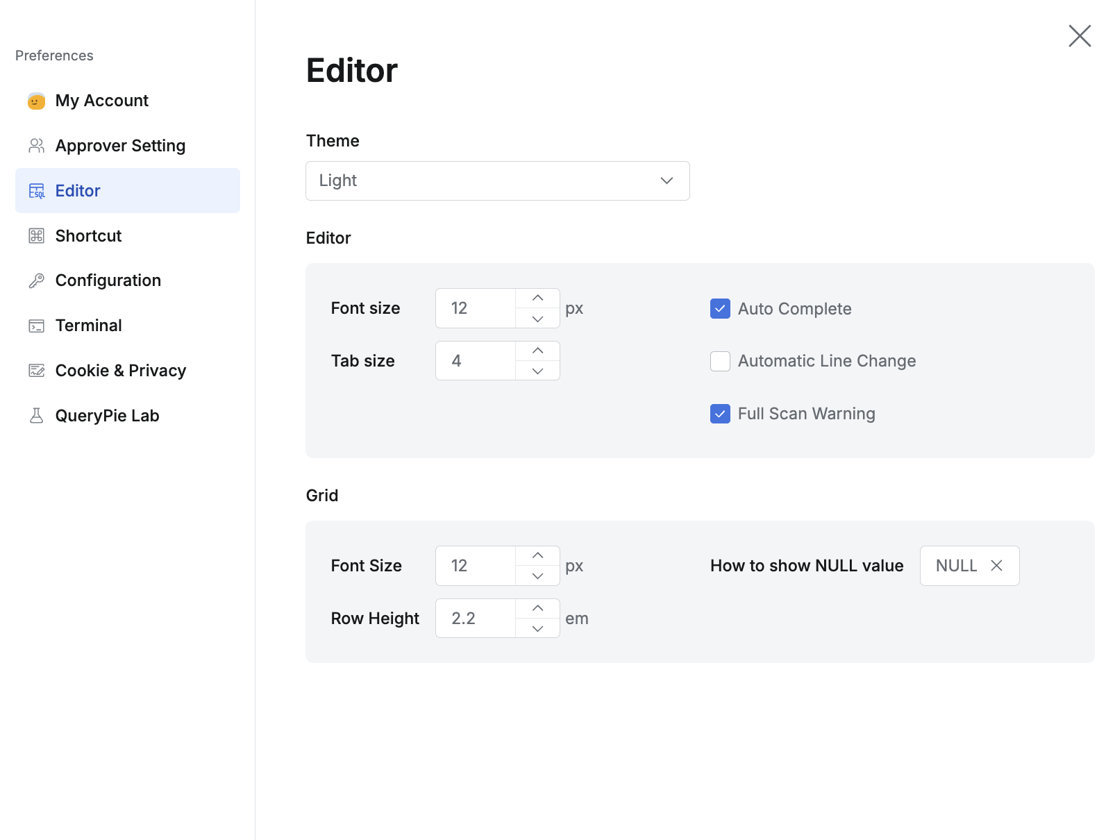 上部メニューバー > Profile > Preferences > Editor