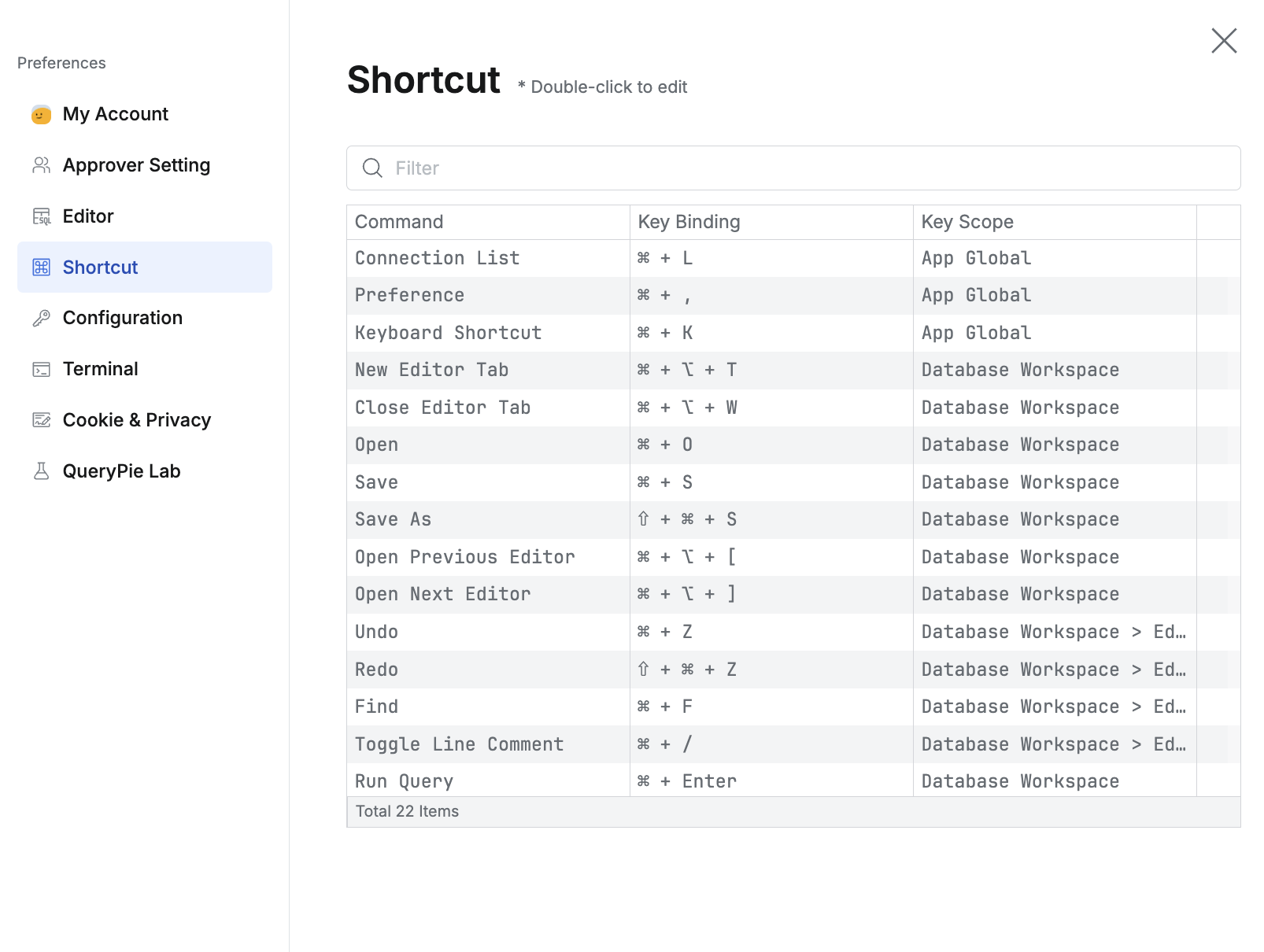 上部メニューバー > Profile > Preferences > Shortcut