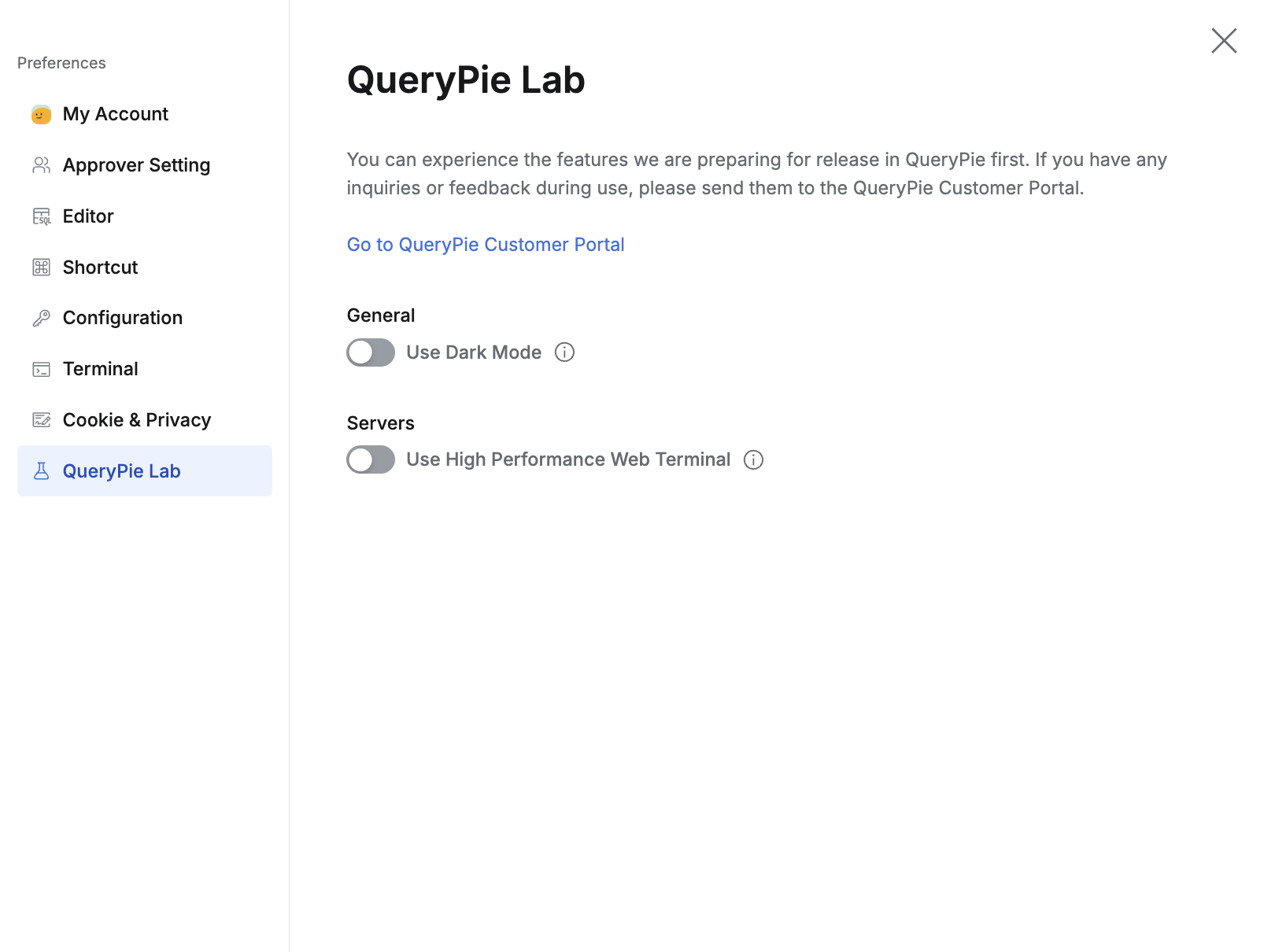 上部メニューバー > Profile > Preferences > QueryPie Lab
