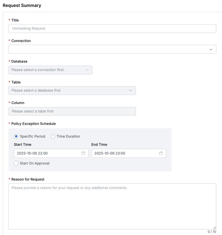 User > Workflow > Submit Request > Unmasking Request > Request Summary